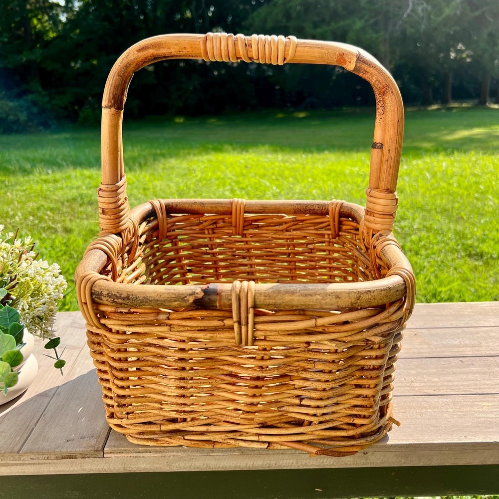 Vintage Tan Woven Wicker and Bamboo Basket